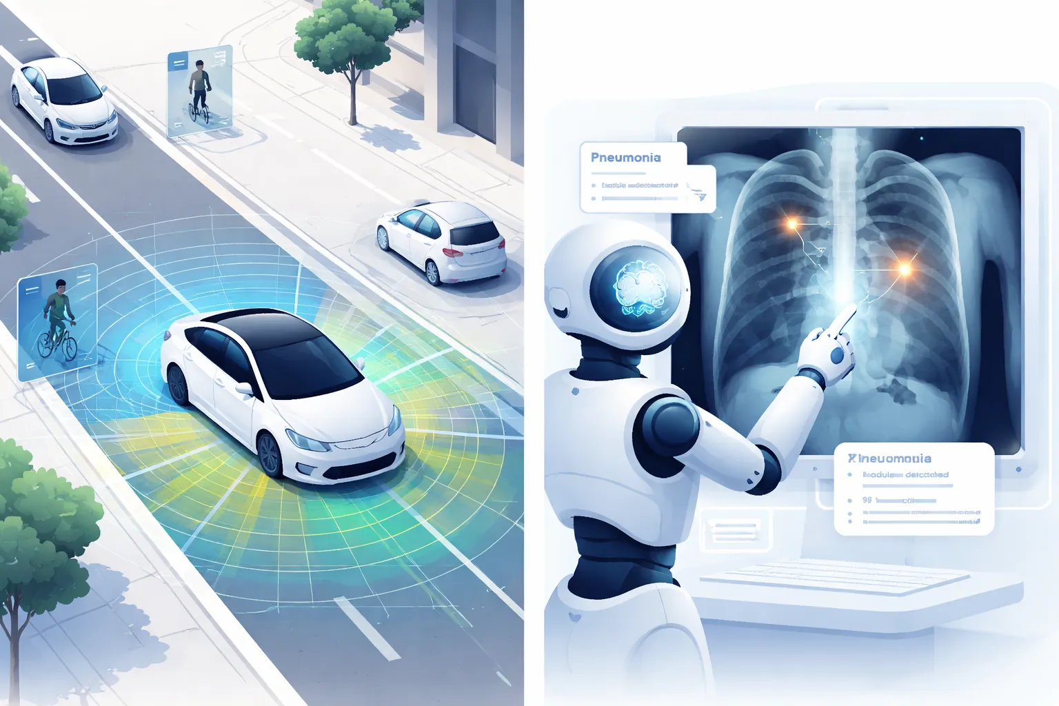 Healthcare and Autonomous Vehicle split screen illustration